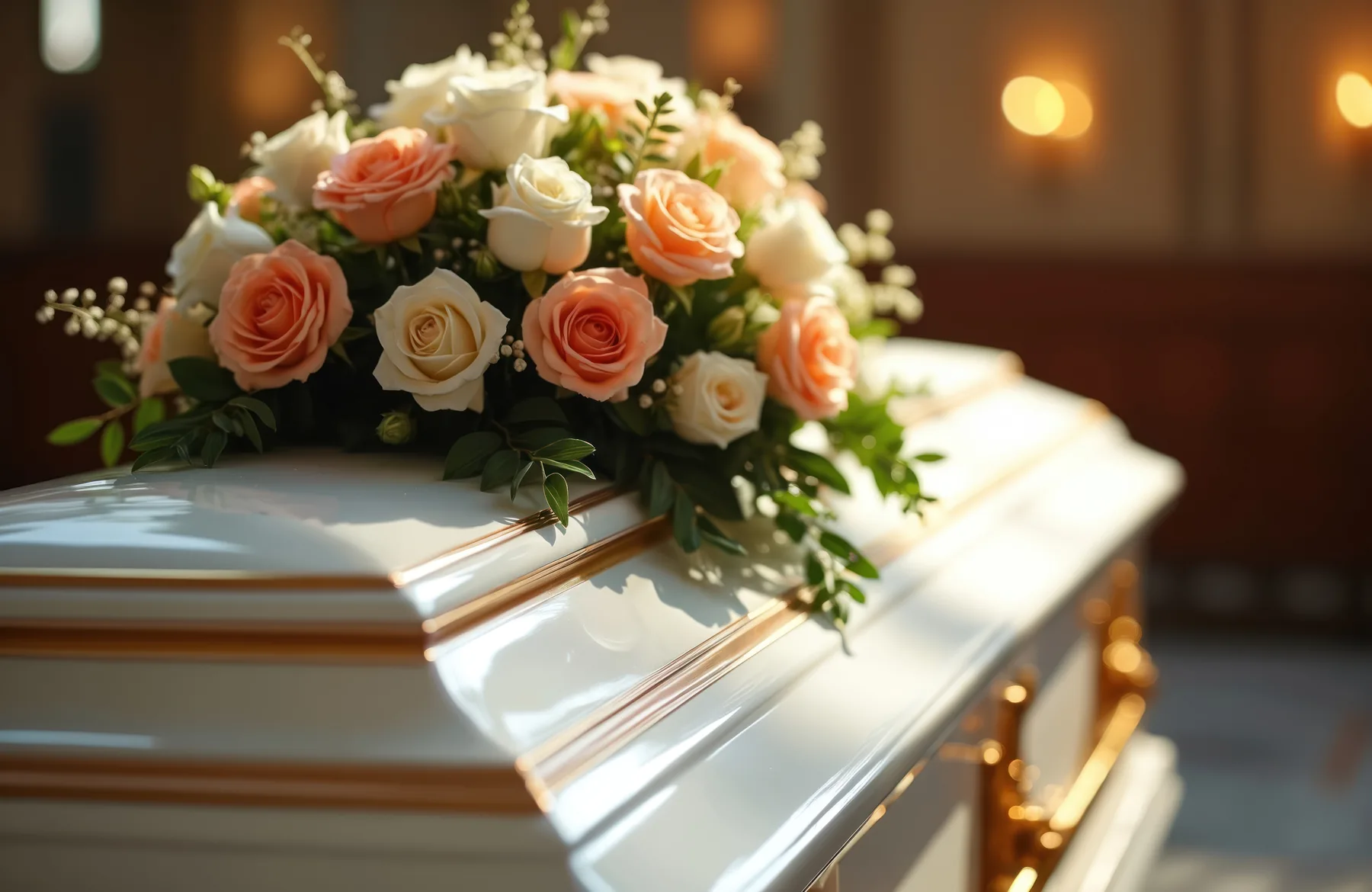 Eleganter heller Sarg mit zartem Rosenschmuck