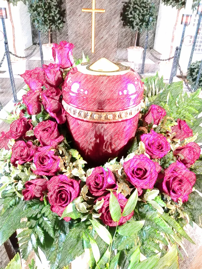 Pinkfarbene Urne mit Rosen